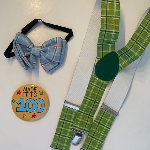 Grandpa Kit 100 days of school 3 piece costume set bow, suspenders, button New - Picture 4 of 5
